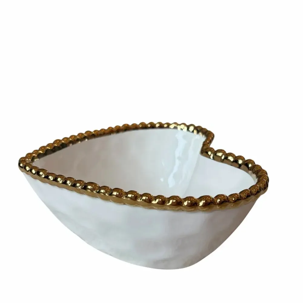 White Heart Shaped Serving Bowl 6in Ceramic w/ Gold Beaded Rim NEW